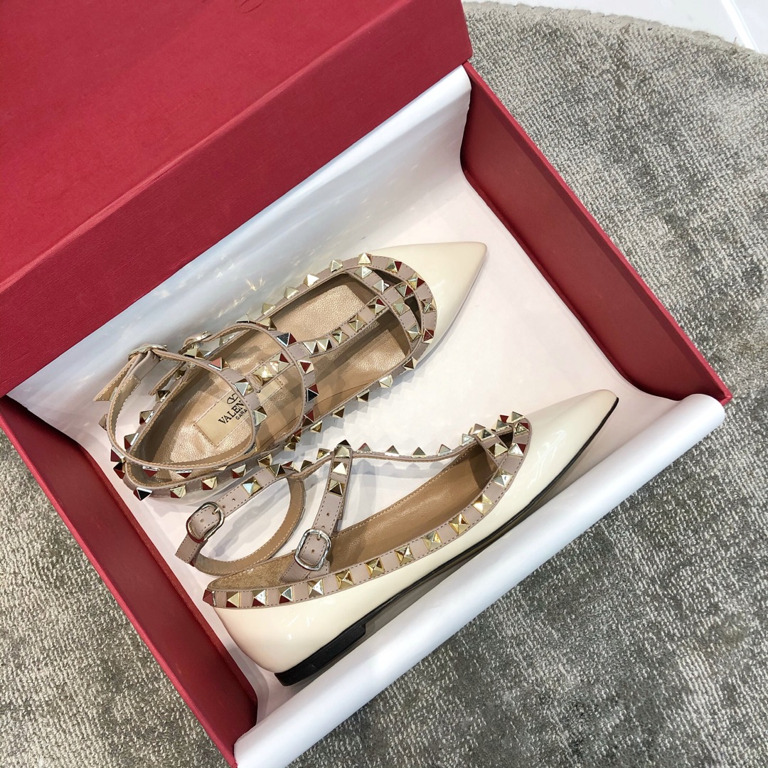 Valentino VT Collection Two Strap Flats Patent Leather White