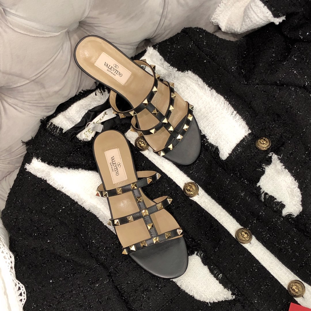 【Valentino】Valentino Top Edition Matte Black 3 Strap Flat Slippers