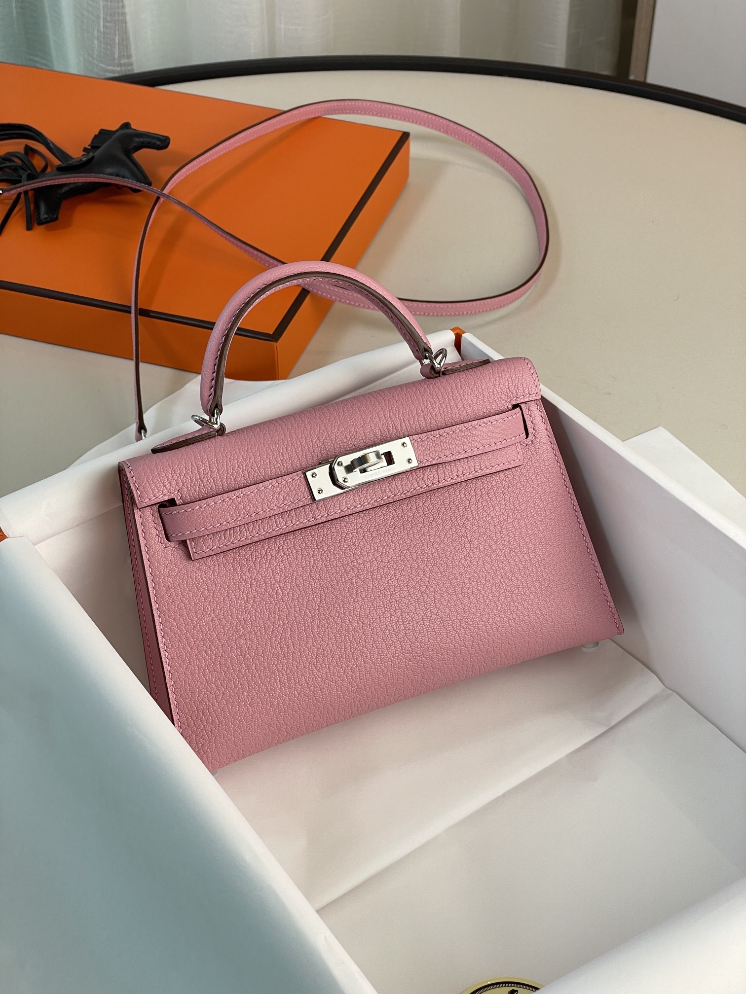 Mini Kelly 2nd Generation Cherry Blossom Pink Goat Leather Silver Buckle