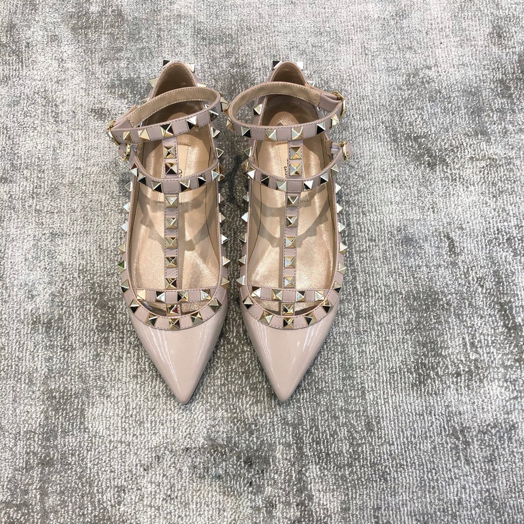 Valentino VT Two Strap Flats Patent Leather Nude Pink