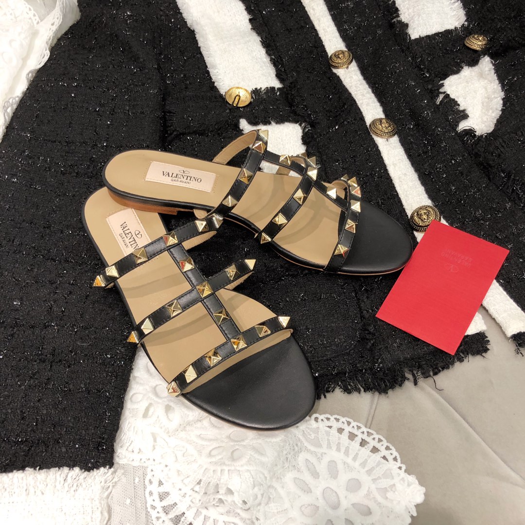 【Valentino】Valentino Top Edition Matte Black 3 Strap Flat Slippers