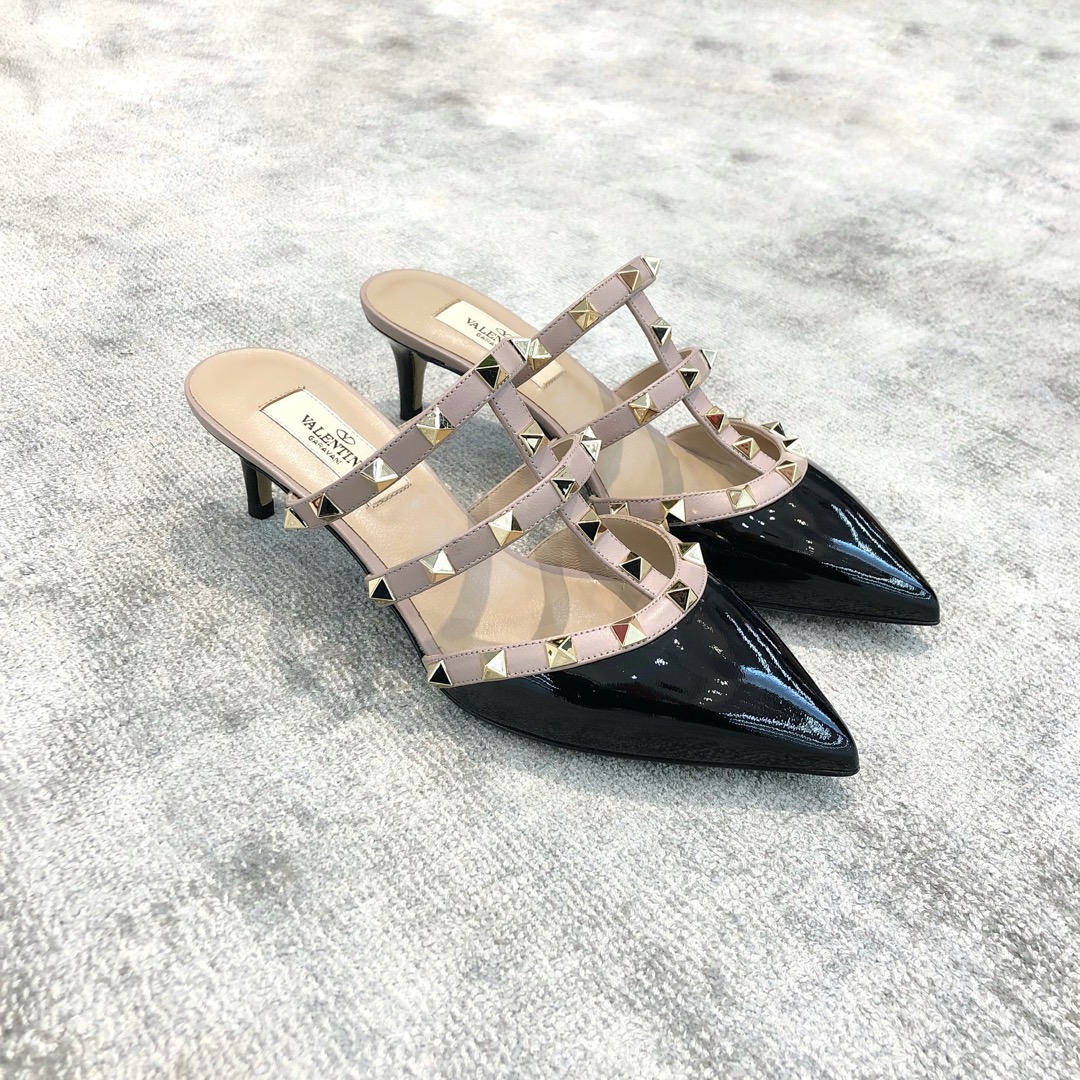 Valentino VT Collection Triple Strap Mid Heel Slipper 6.5CM Patent Leather Black