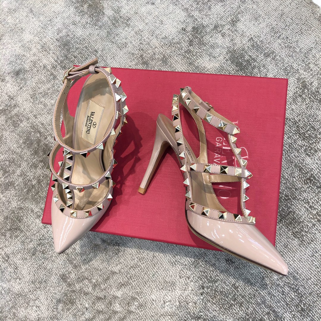 Valentino VT Collection Two Strap Mid Heel 10cm Patent Leather Nude Pink