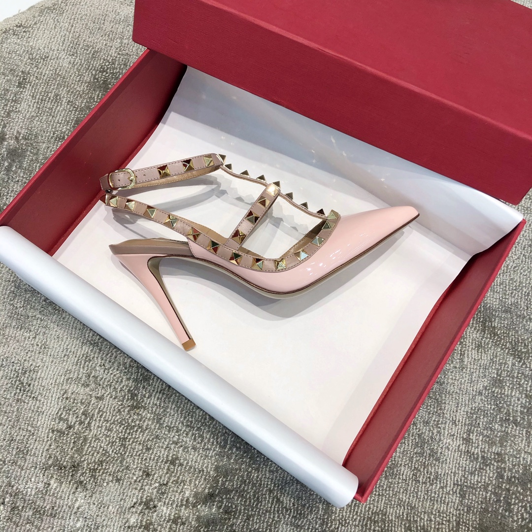 Name Chinese Valentino VT Collection Two Strap Mid Heel 10cm Patent Leather Pink