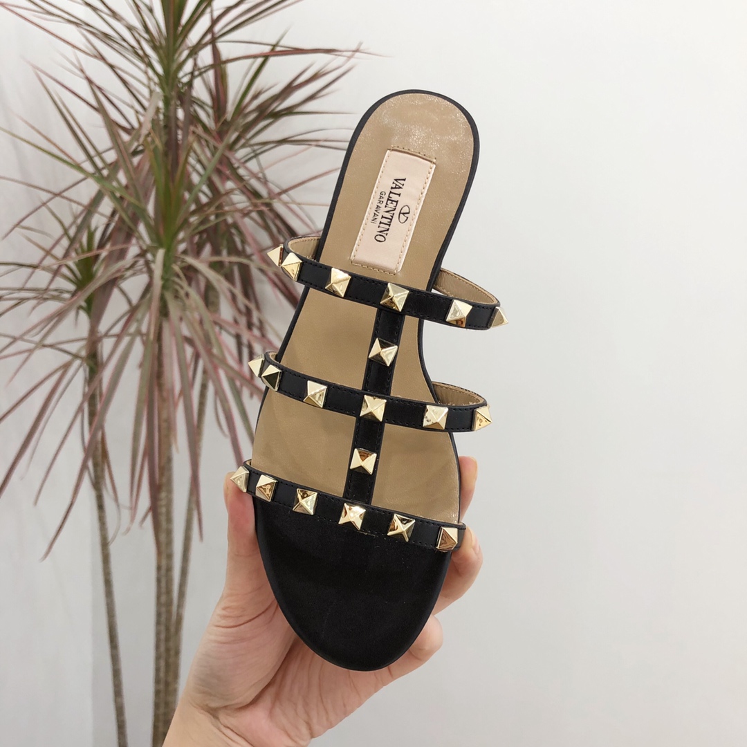 【Valentino】Valentino Top Edition Matte Black 3 Strap Flat Slippers