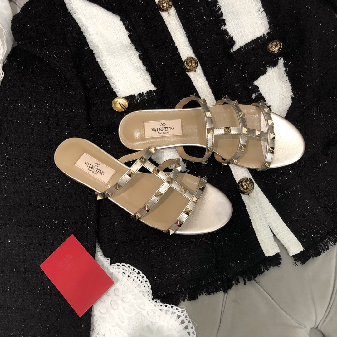 【Valentino】Valentino Top Edition Metallic Gunmetal 3 Strap Flat Slippers