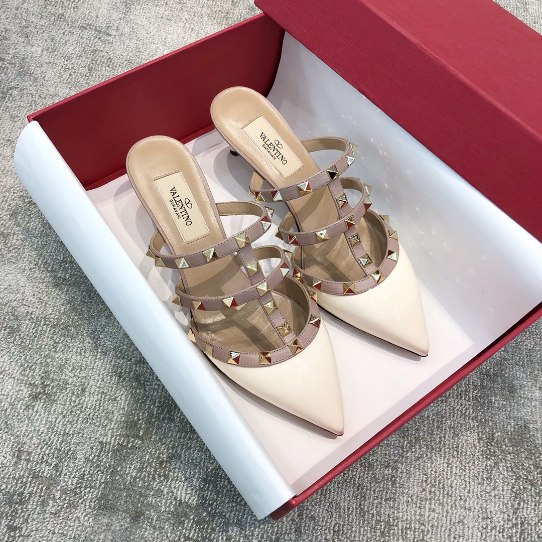 Valentino VT Collection Triple Strap Mid Heel Slipper 6.5CM Patent Leather White