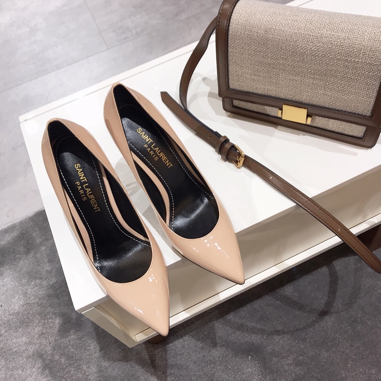 Saint Laurent classic model YSL logo heeled high heels using imported Italian cow patent leather