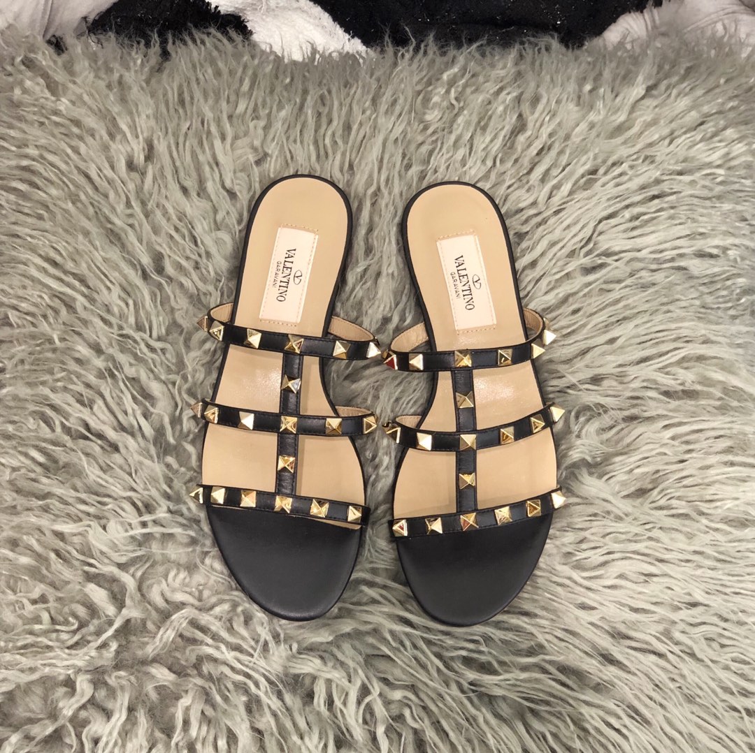 【Valentino】Valentino Top Edition Matte Black 3 Strap Flat Slippers