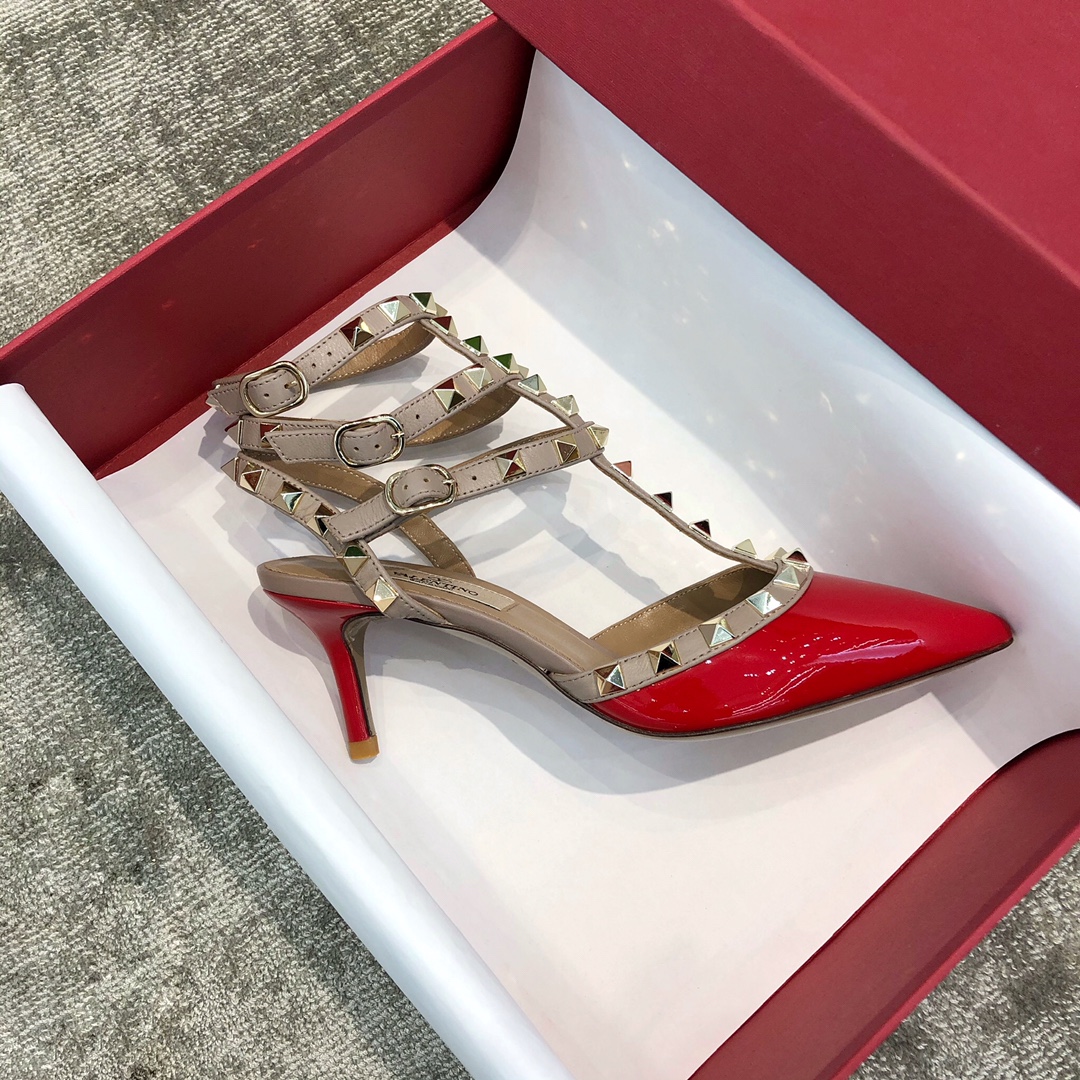 Valentino VT Collection Triple Strap Mid Heel 6.5cm Patent Leather Red