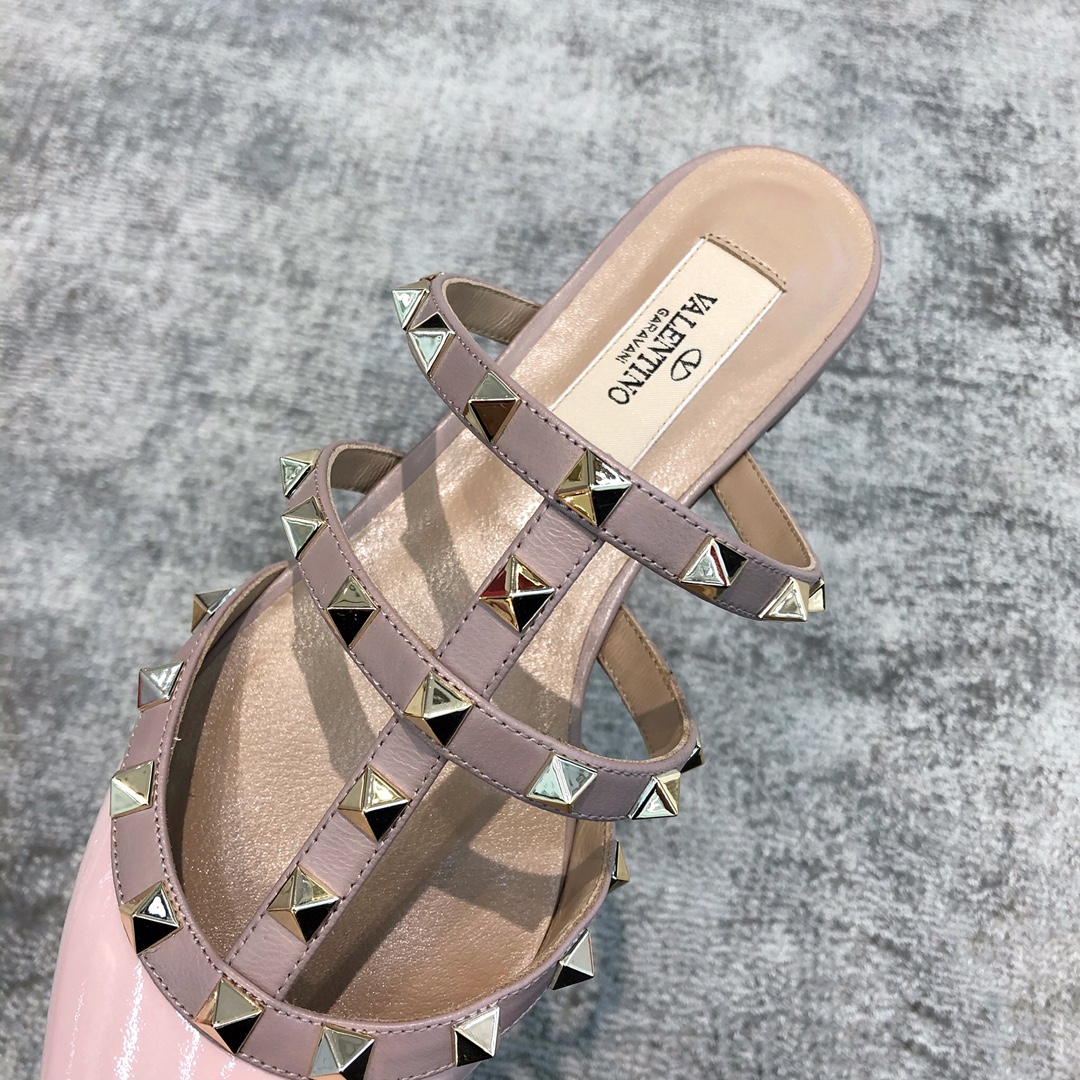 Valentino VT Collection Three Strap Flat Heel Slipper Patent Leather Pink