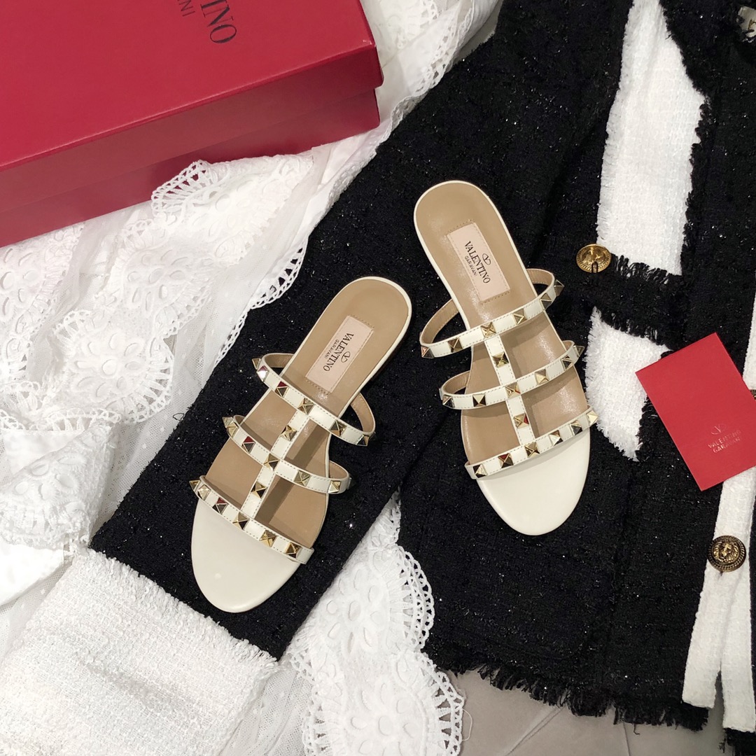 【Valentino】Valentino top version matte white 3 strap flat slippers
