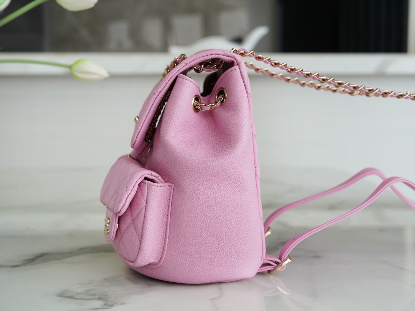 𝗖𝗛𝗔𝗡𝗘𝗟 23P New Duma Double Shoulder Cowhide Large Pink