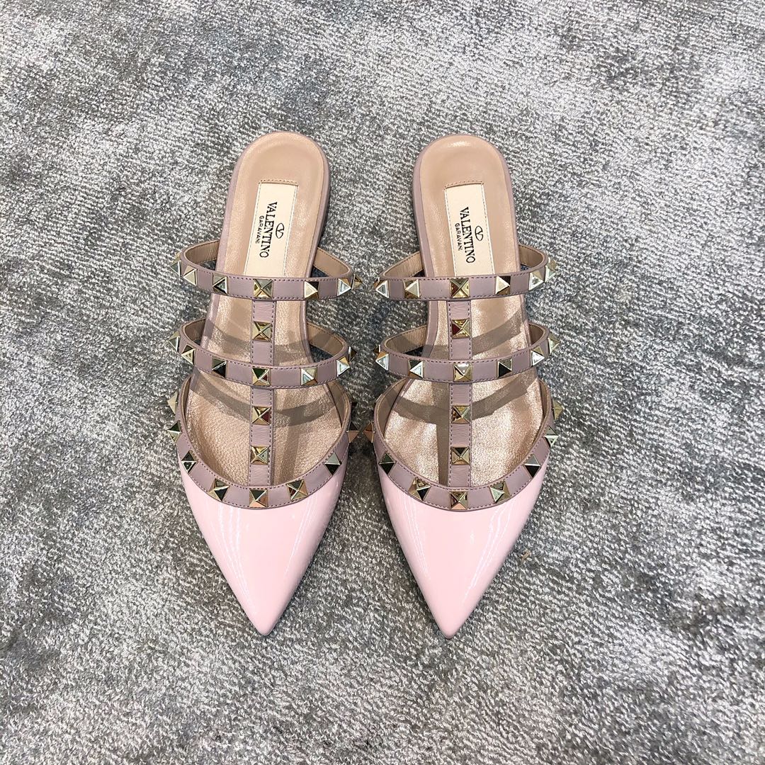 Valentino VT Collection Three Strap Flat Heel Slipper Patent Leather Pink