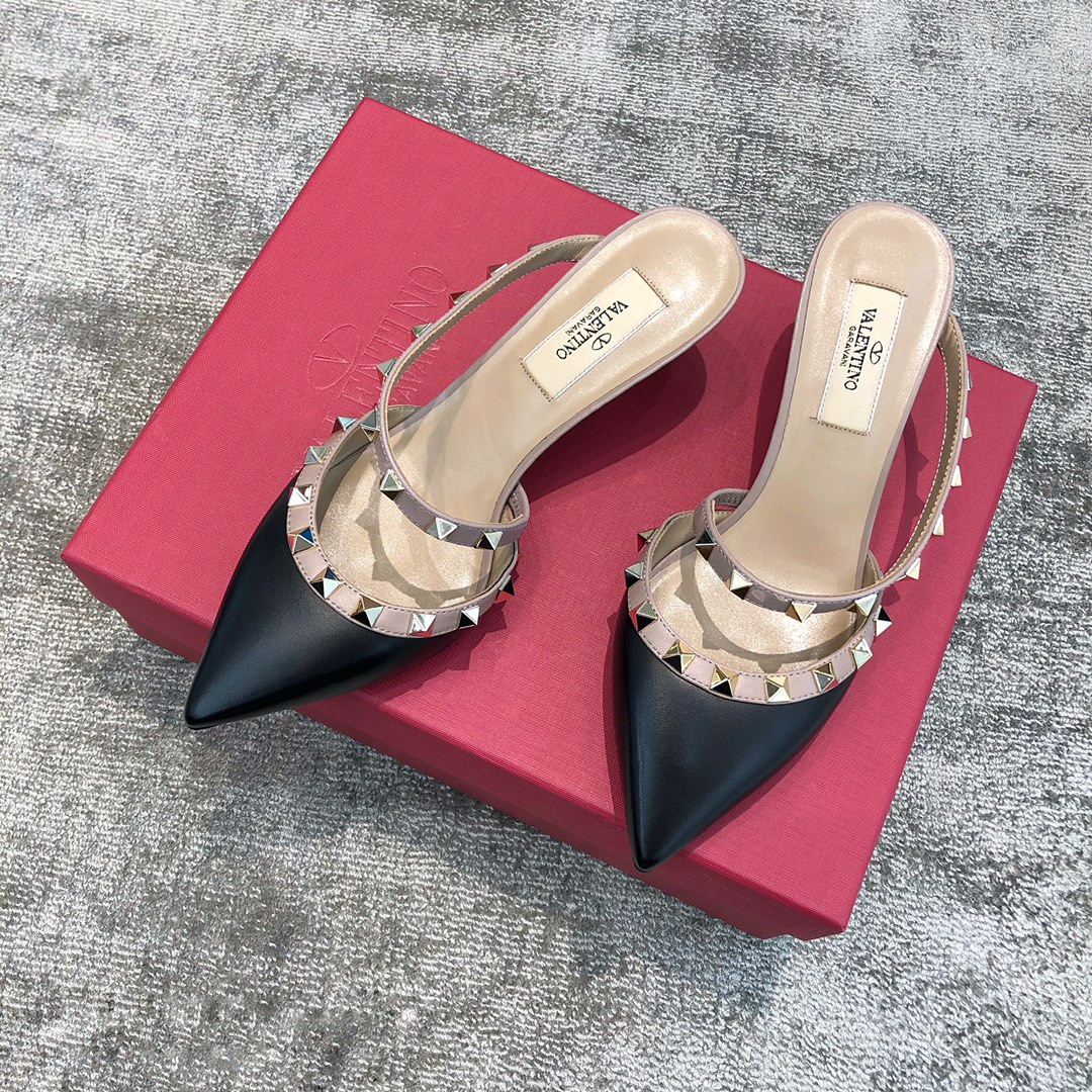 Valentino VT Collection One strap diagonal heel slipper 6.5CM Black nude laces