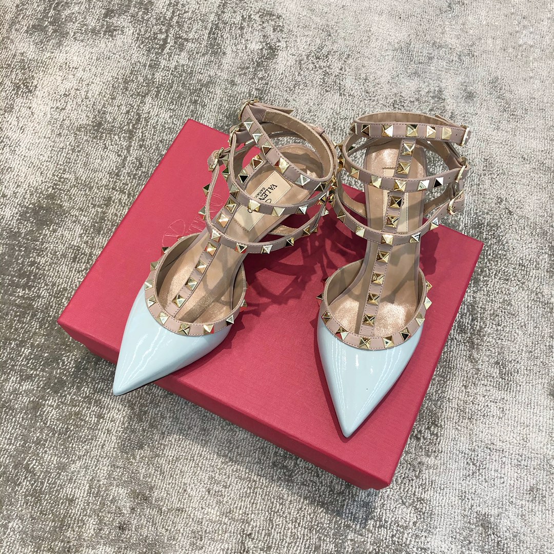 Valentino VT Collection Triple Strap Mid Heel 6.5cm Patent Leather Blue