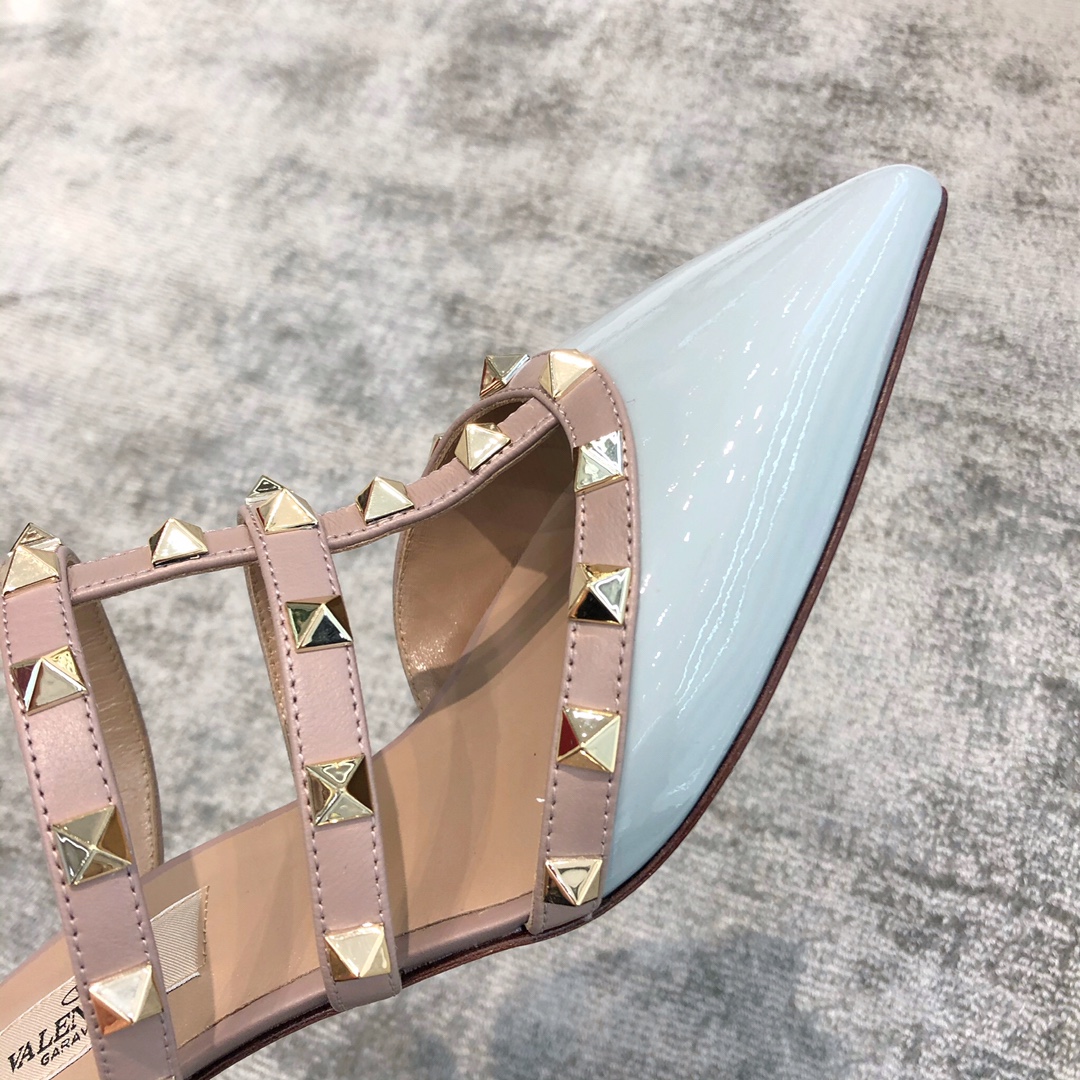 Valentino VT Collection Three Strap Low Heel Slipper 6.5CM Patent Leather Blue