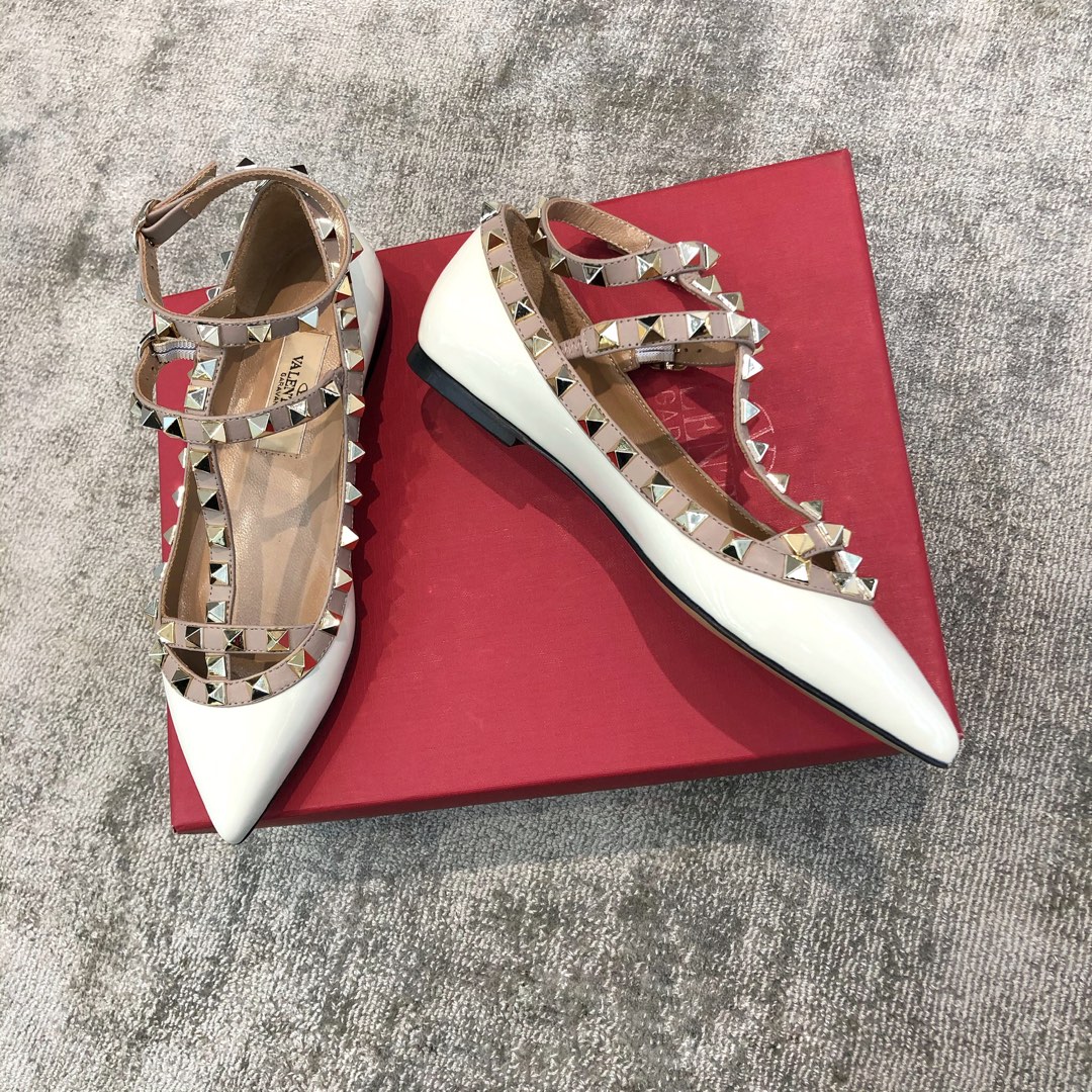 Valentino VT Collection Two Strap Flats Patent Leather White