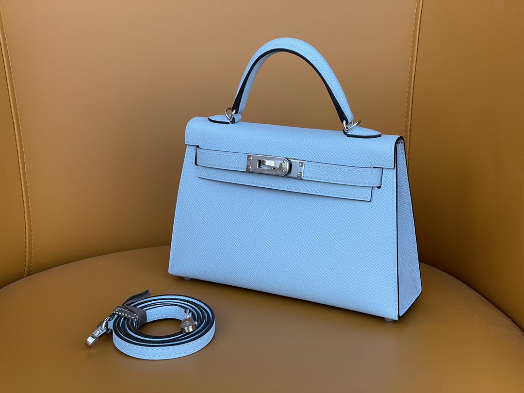 mini Kelly second generation haze blue epsom leather silver buckle