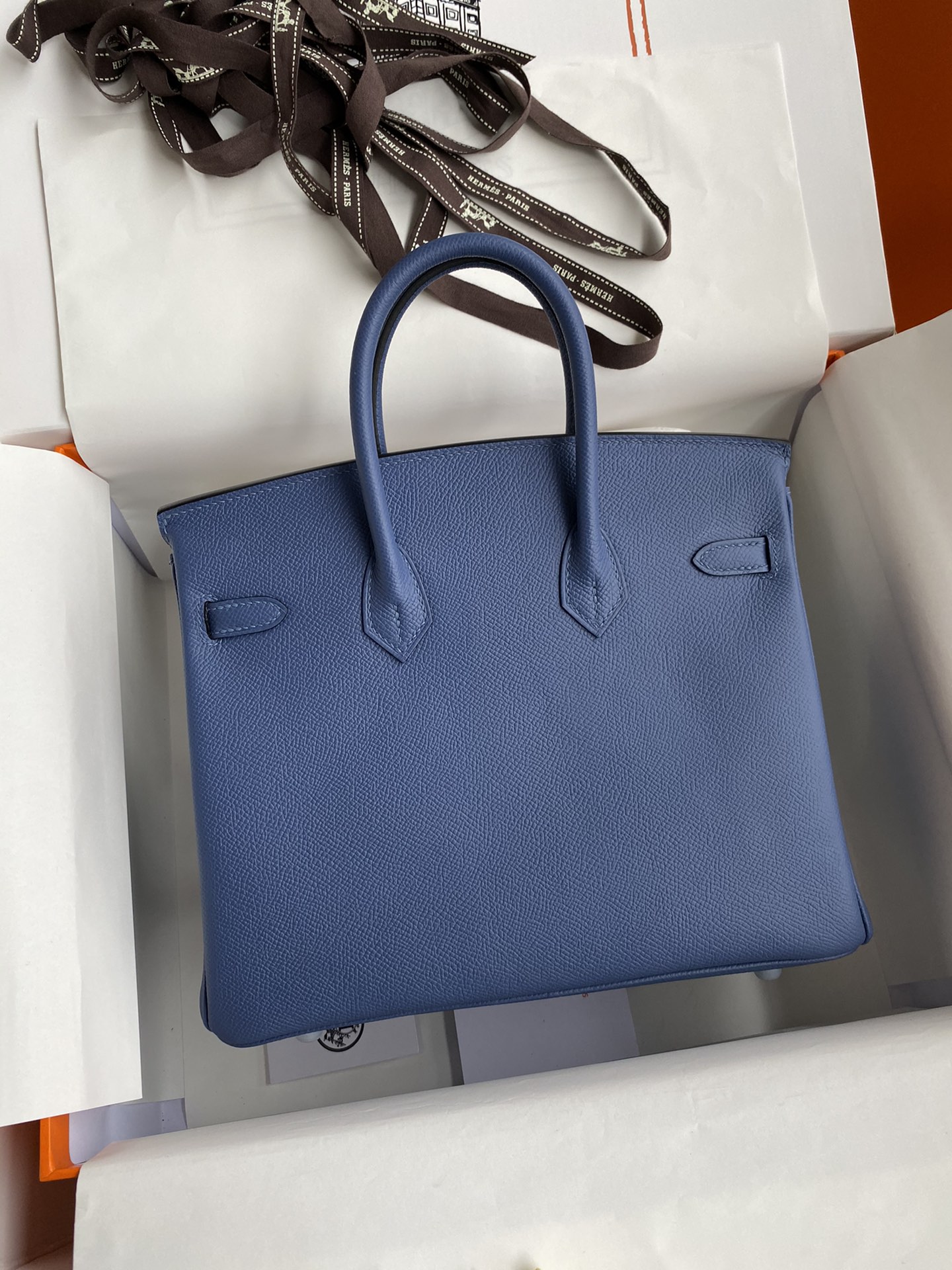 Birkin 25cm Epsom Leather Onyx Blue Silver Buckle
