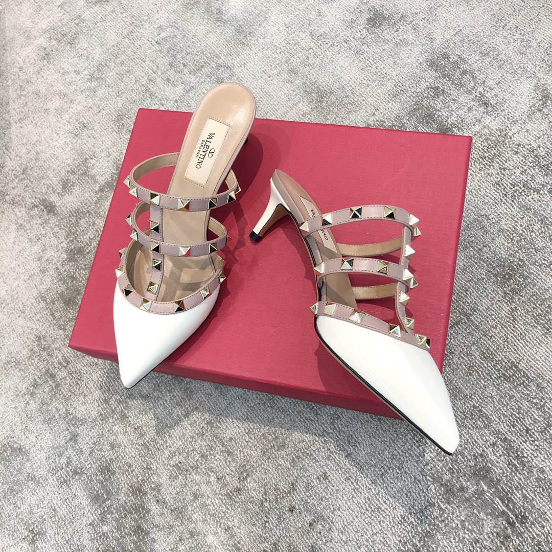 Valentino VT Collection Triple Strap Mid Heel Slipper 6.5CM Patent Leather White