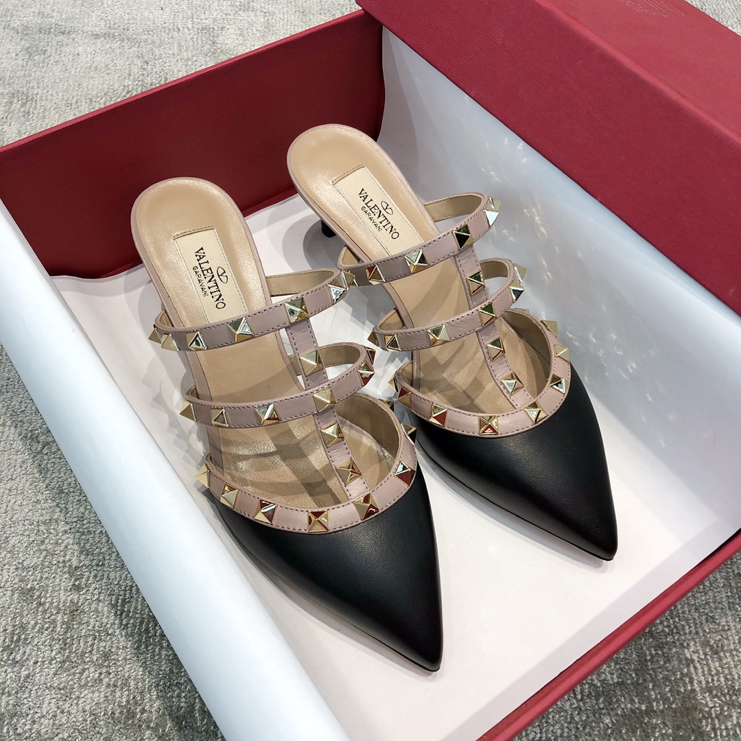 Valentino VT Collection Triple Strap Mid Heel Flip Flop 6.5CM Black Nude Strap