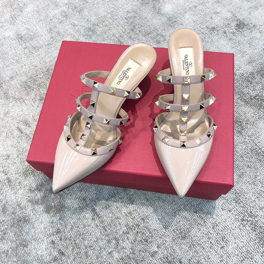 Valentino VT Collection Triple Strap Mid Heel Slipper 6.5CM Patent Leather Nude Pink