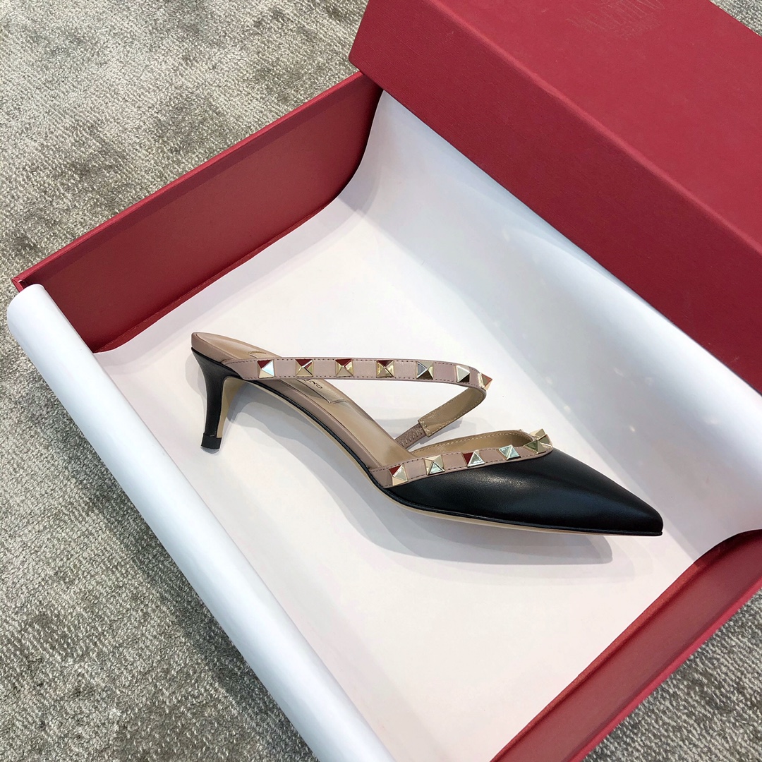 Valentino VT Collection One strap diagonal heel slipper 6.5CM Black nude laces