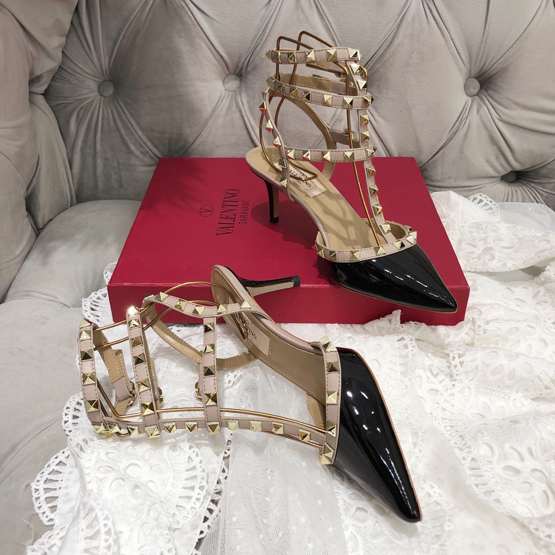 【Valentino】Valentino Valentino top version black patent leather 3 strap 6.5cm high heels