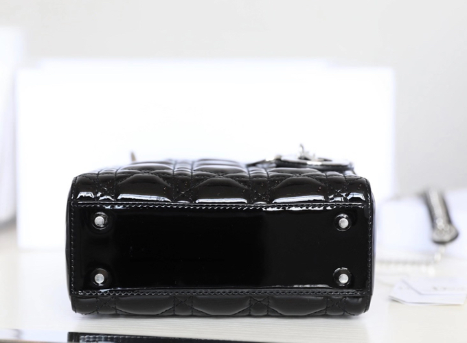 Black and Silver  Lady Dior vine check patent leather cow leather mini handbag