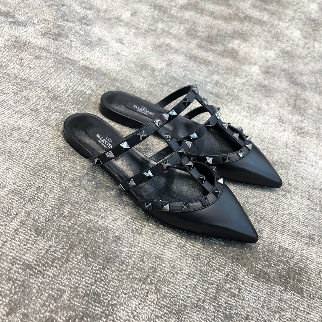 Valentino VT Collection Three Strap Flat Heel Slipper All Black