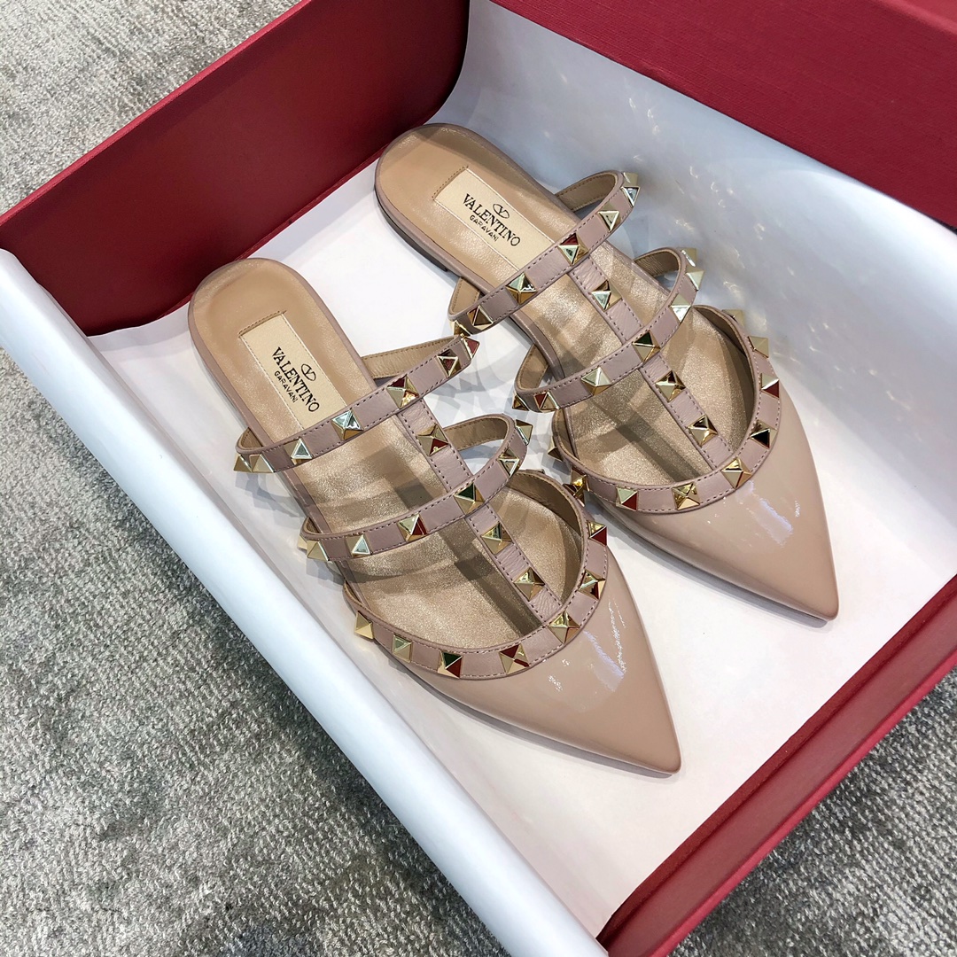 Valentino VT Collection Three Strap Flat Heel Slipper Patent Leather Nude Pink