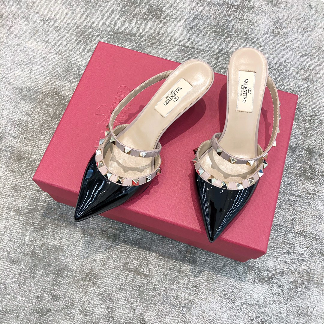 Valentino VT Collection One strap slant heel slipper 6.5CM Patent leather black