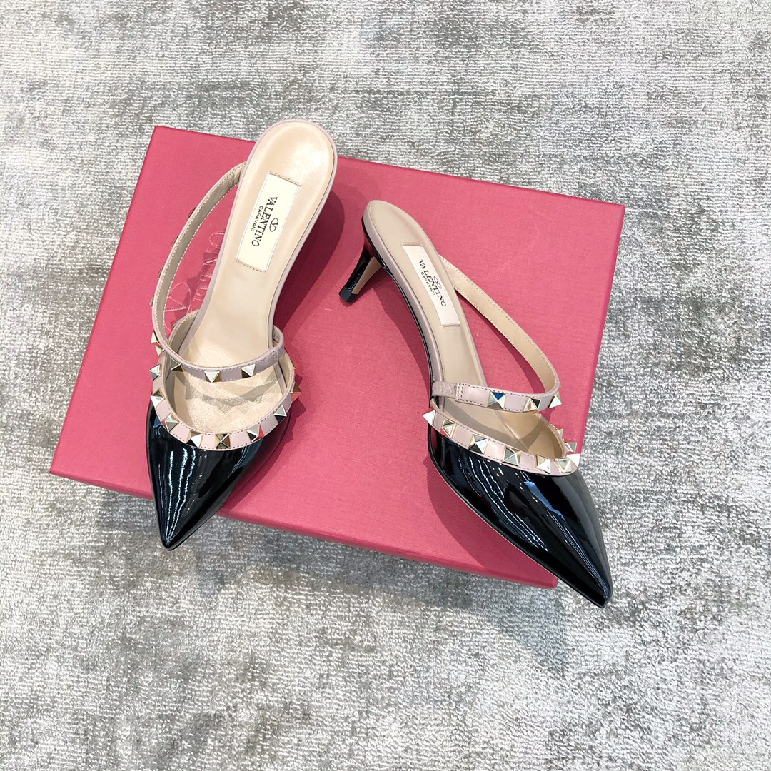 Valentino VT Collection One strap slant heel slipper 6.5CM Patent leather black