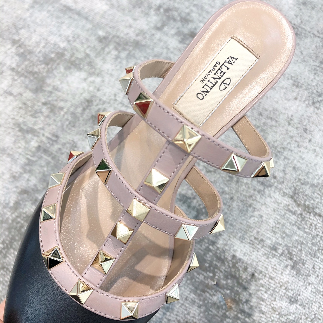 Valentino VT Collection Triple Strap Mid Heel Flip Flop 6.5CM Black Nude Strap