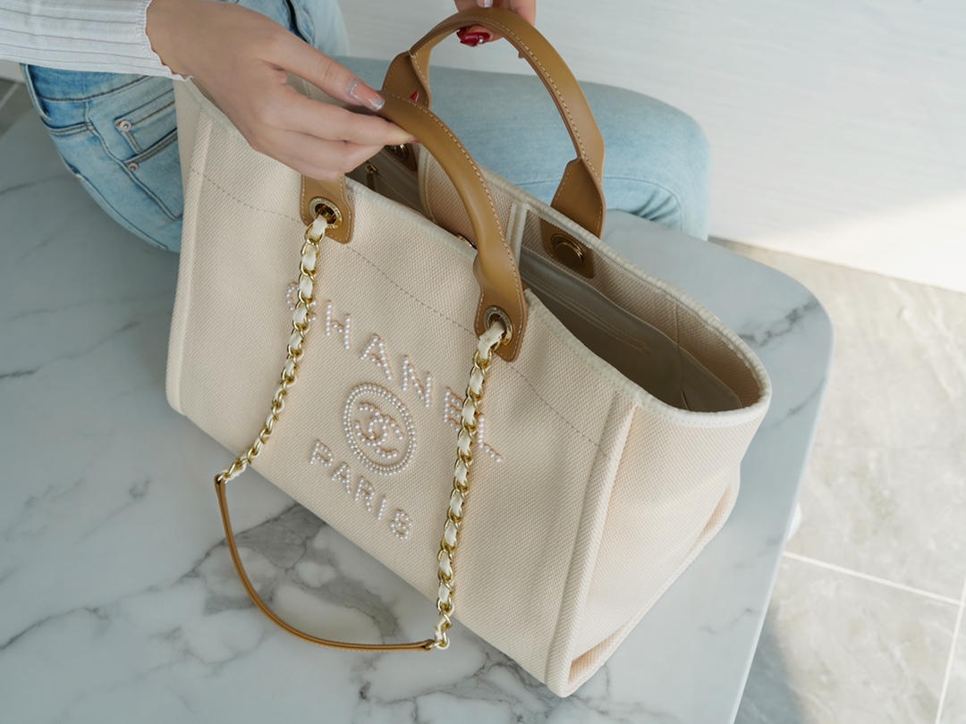 𝐂𝐇𝐀𝐍𝐄𝐋 Beach Bag Summer 🏖 Super Fairy Pearl Embroidery Beach Bag Apricot