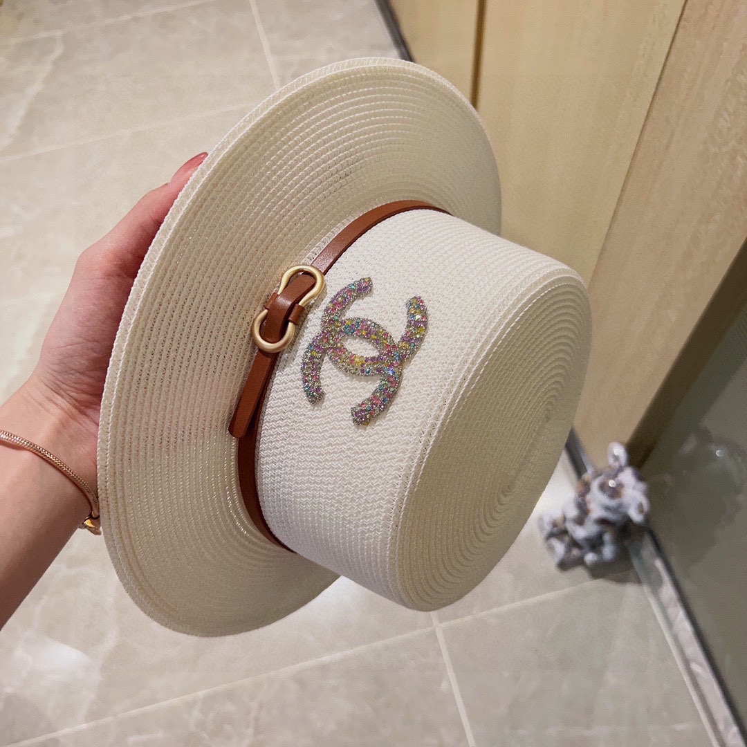 CHANEL big belt braided straw hat