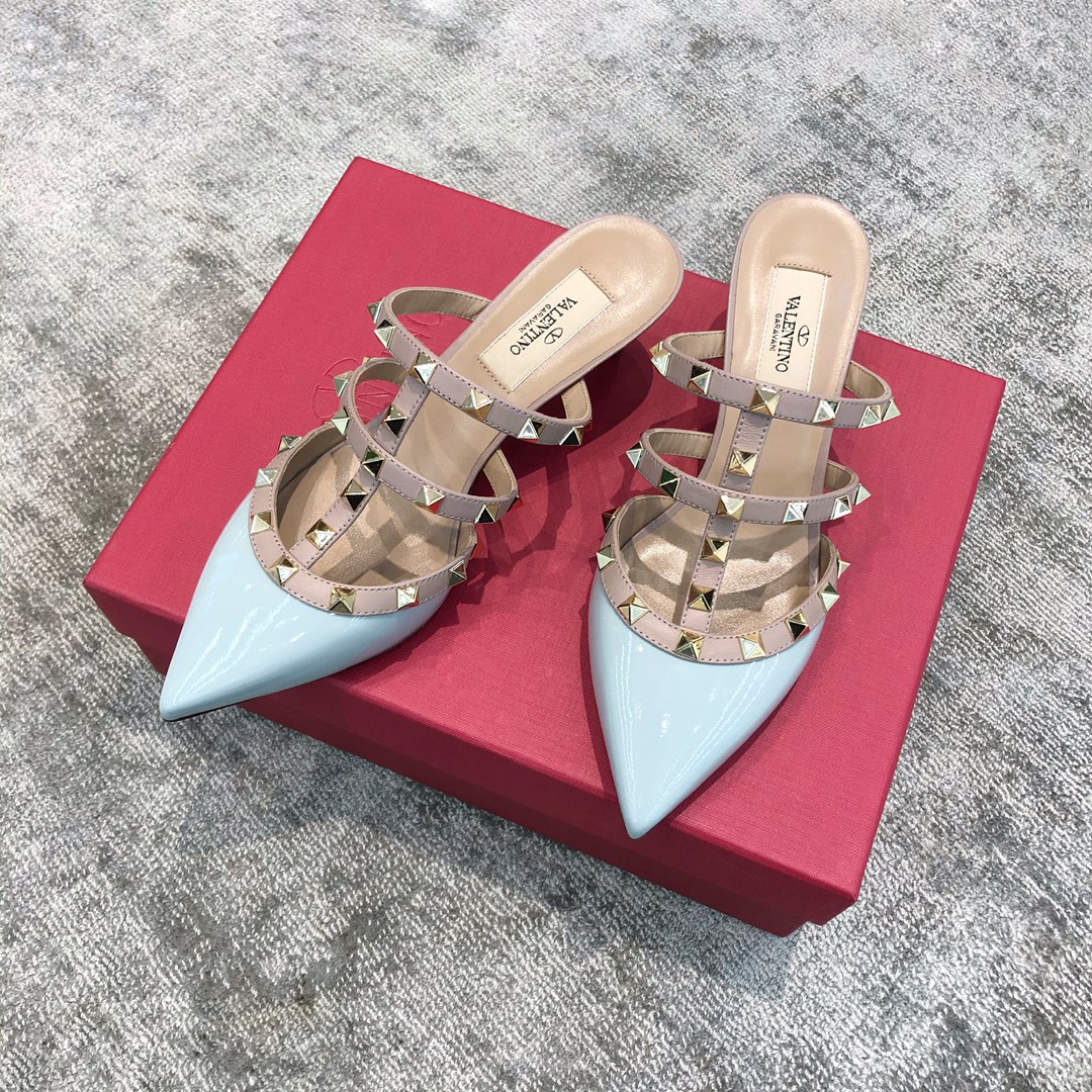 Valentino VT Collection Three Strap Low Heel Slipper 6.5CM Patent Leather Blue