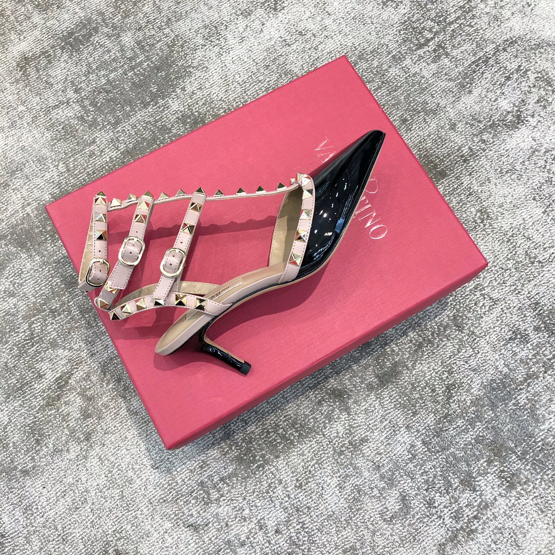 Valentino VT Collection Triple Strap Mid Heel 6.5cm Patent Leather Black