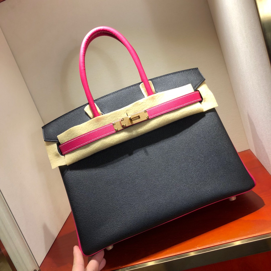 Birkin 30Cm Epsom 89 Noir Black spell E5 Rose Tyrien Rose gold buckle Top craftsmanship Hand-stitched waxed thread