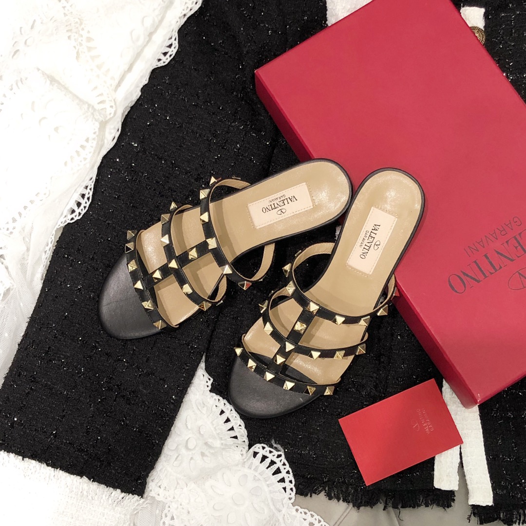 【Valentino】Valentino Top Edition Matte Black 3 Strap Flat Slippers
