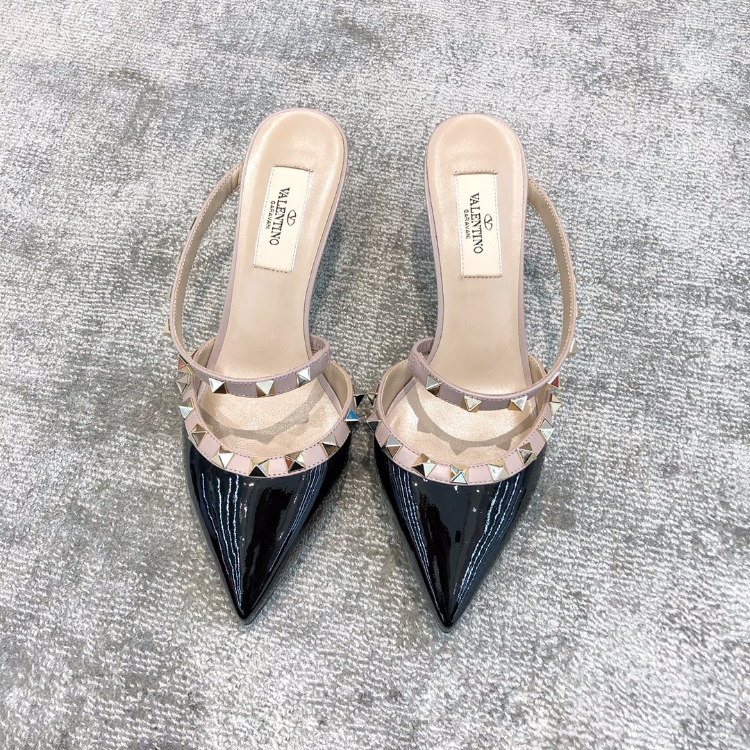 Valentino VT Collection One strap slant heel slipper 6.5CM Patent leather black