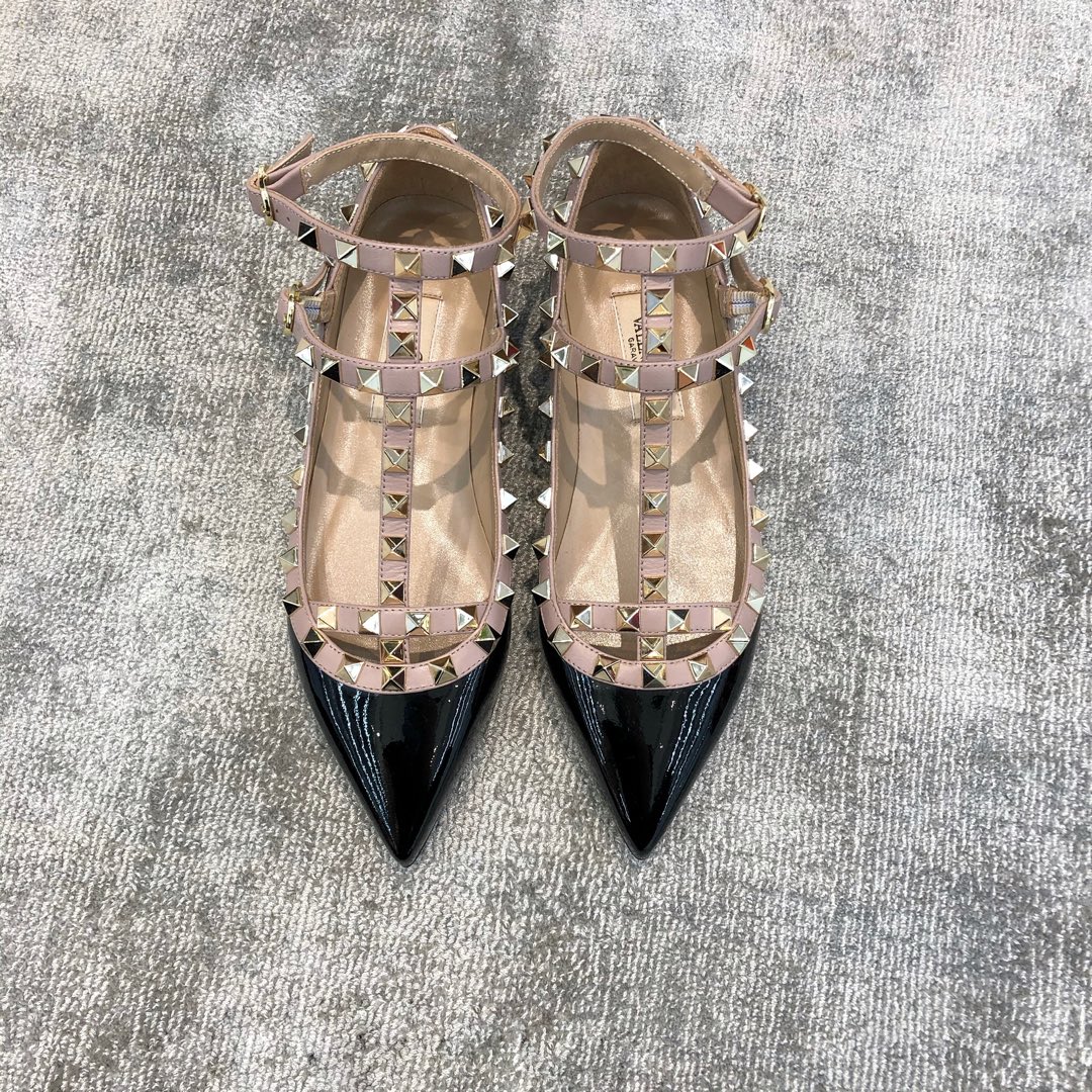 Valentino VT Collection Two Strap Flats Patent Leather Black