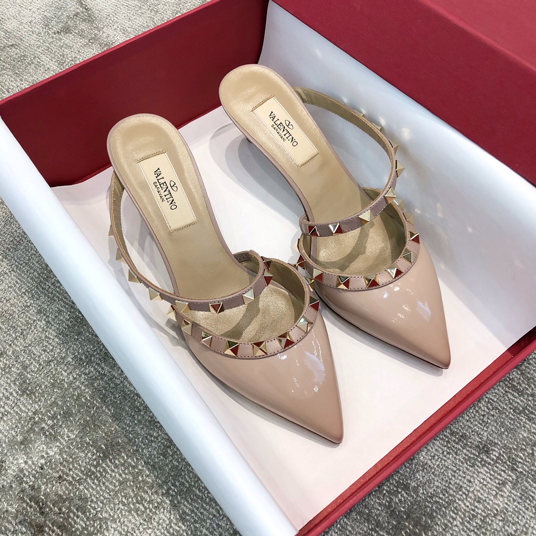 Valentino VT Collection One strap slant heel slipper 6.5CM Patent leather nude pink