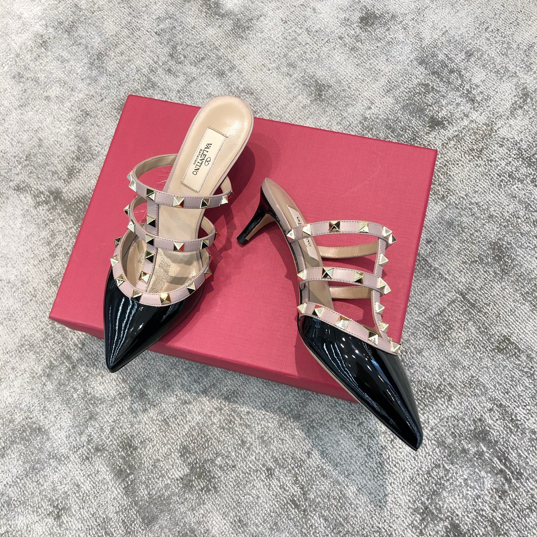 Valentino VT Collection Triple Strap Mid Heel Slipper 6.5CM Patent Leather Black