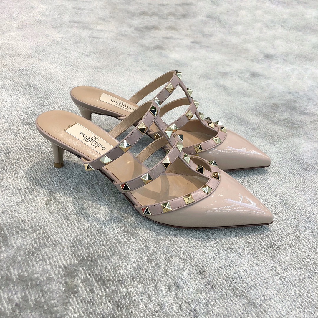 Valentino VT Collection Triple Strap Mid Heel Slipper 6.5CM Patent Leather Nude Pink