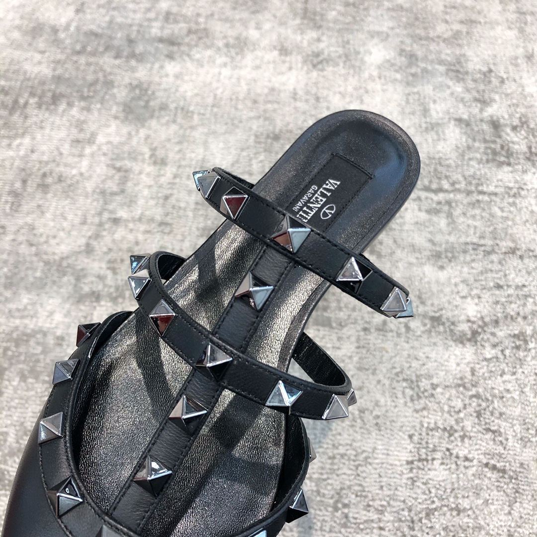 Valentino VT Collection Three Strap Flat Heel Slipper All Black