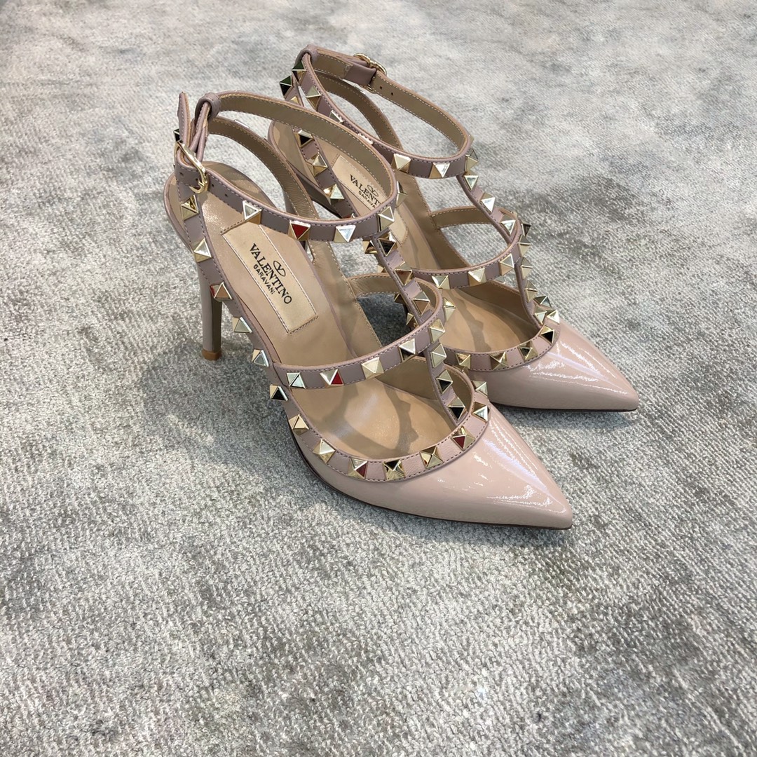 Valentino VT Collection Two Strap Mid Heel 10cm Patent Leather Nude Pink