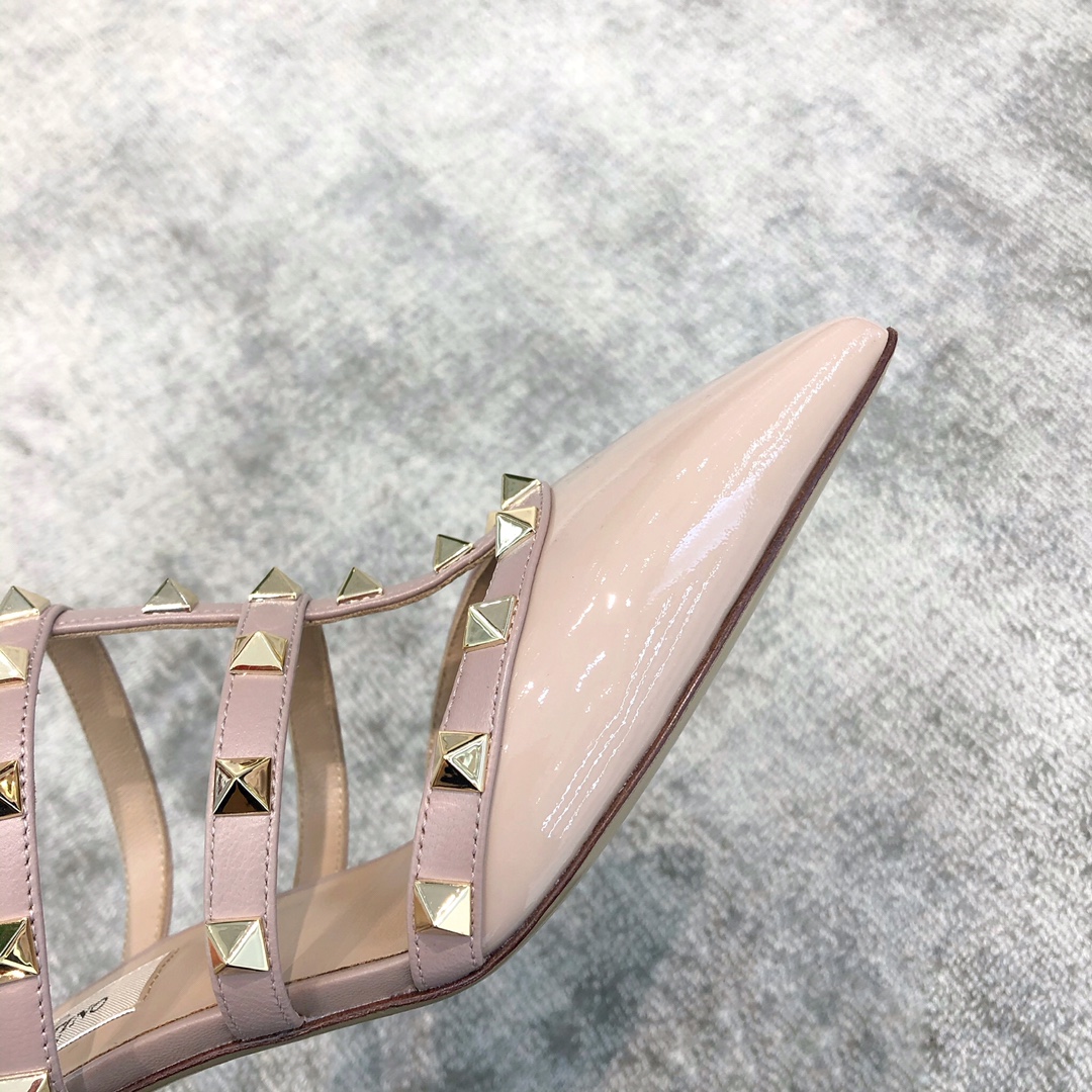 Valentino VT Collection Triple Strap Mid Heel Slipper 6.5CM Patent Leather Nude Pink