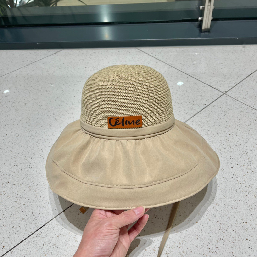 Celine summer new splicing large eaves sunshade fisherman hat outdoor sunscreen ice silk basin hat women